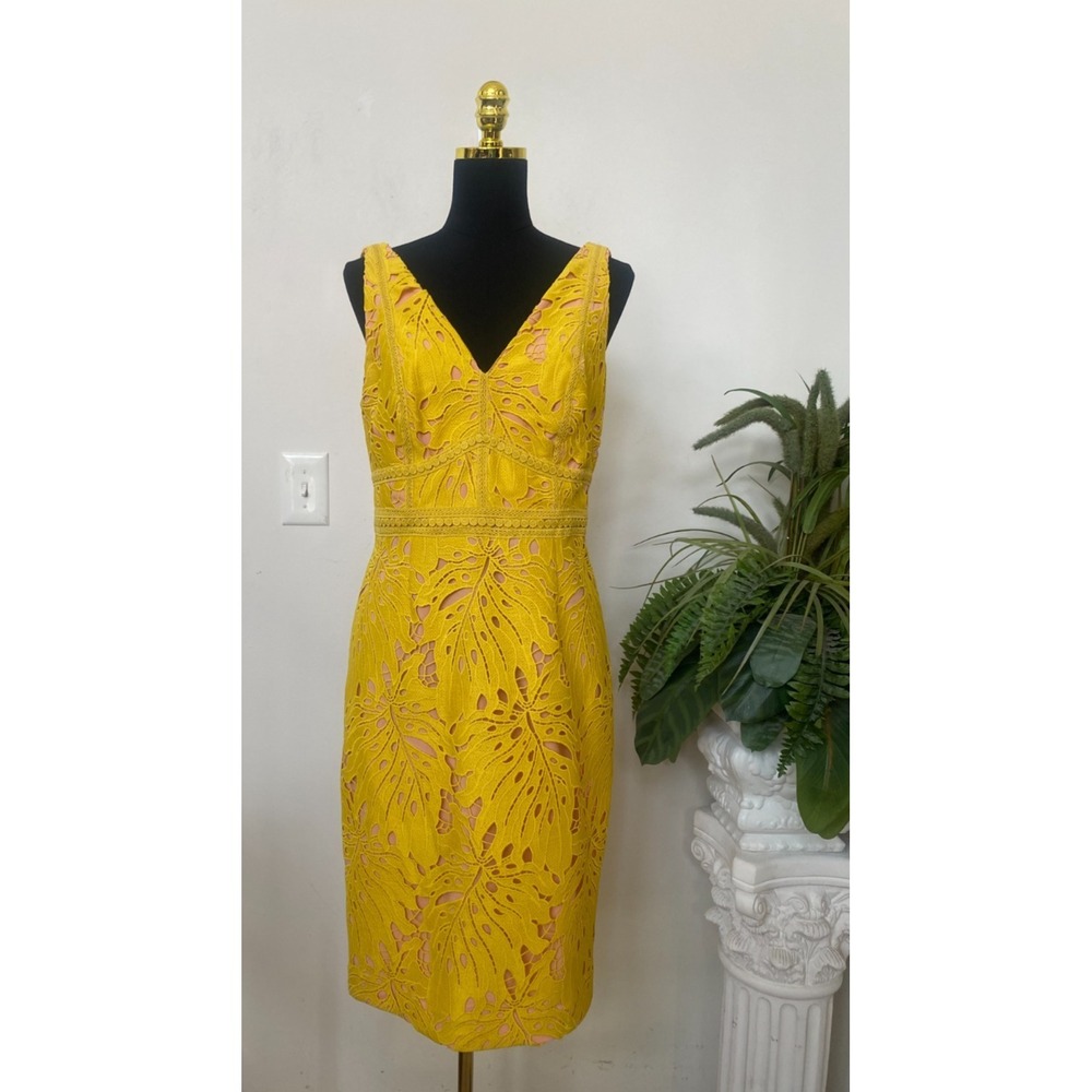 New Maeve Anthropology Gardenia Yellow lace V-Neck Sheath Dress 12, Retail $168